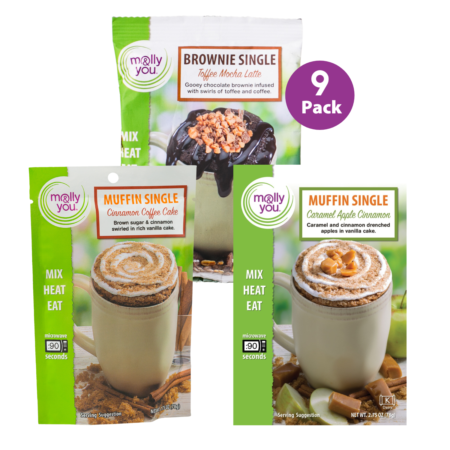 The Mug Cake Bundle for Coffee Lovers  includes 3 of the following, Toffee Mocha Latte, Cinnamon Coffee Cake, and Caramel Apple Cinnamon 